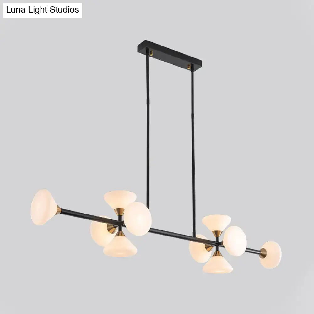 Black metal chandelier with brass accents featuring matte white glass flared globes for kitchen island lighting 220v-240v 110v-120v