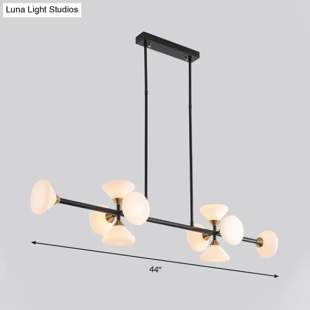 Modern black metal chandelier with six frosted white glass flared shades and brass accents for kitchen island light 220v-240v