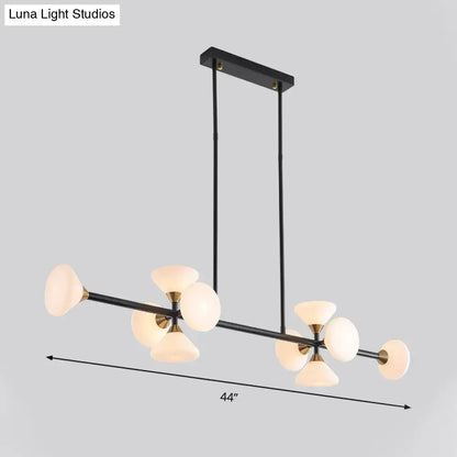 Modern black metal chandelier with six frosted white glass flared shades and brass accents for kitchen island light 220v-240v