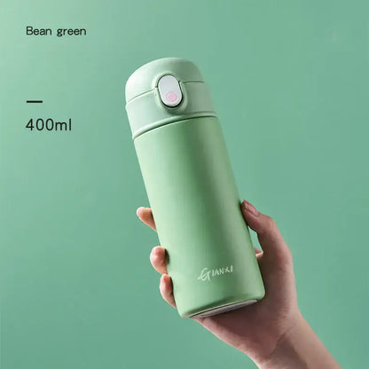 A sleek 400ml bean green decorbites insulated stainless steel thermos bottle with soft-touch lid and subtle logo