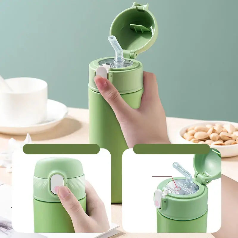Light green decorbites insulated stainless steel thermos bottle with flip-top lid and clear straw in modern design