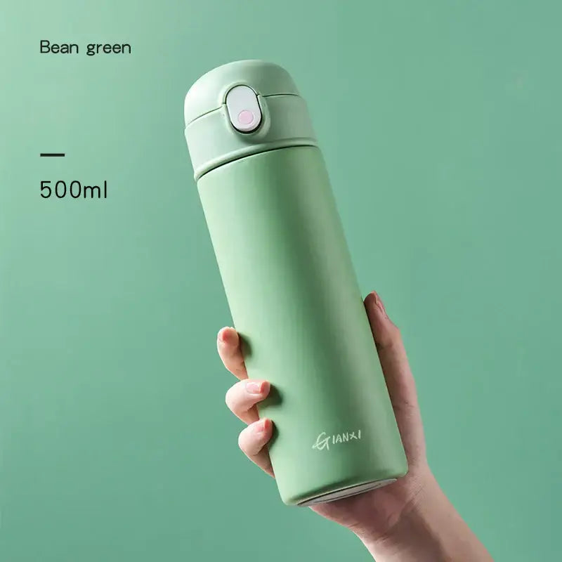 Bean green 500ml decorbites insulated stainless steel thermos bottle with matte finish and pink-accented flip lid