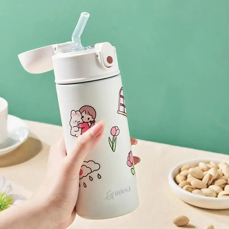 Modern matte white and mint green stainless steel thermos bottle with decorbites insulated cartoon girl bunny design