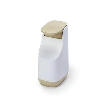 Modern matte white and beige soap pump dispenser with sleek minimalist design for kitchen space saving use