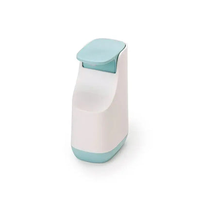 A modern matte white and teal soap pump dispenser with soft mint green accents for space saving kitchen use