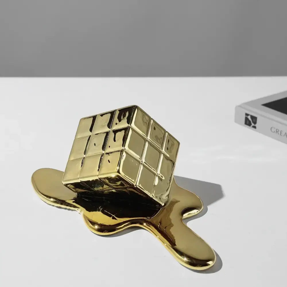 Modern melting geometric gold resin cube living room sculpture with glossy decorbites geometric gold melting effect