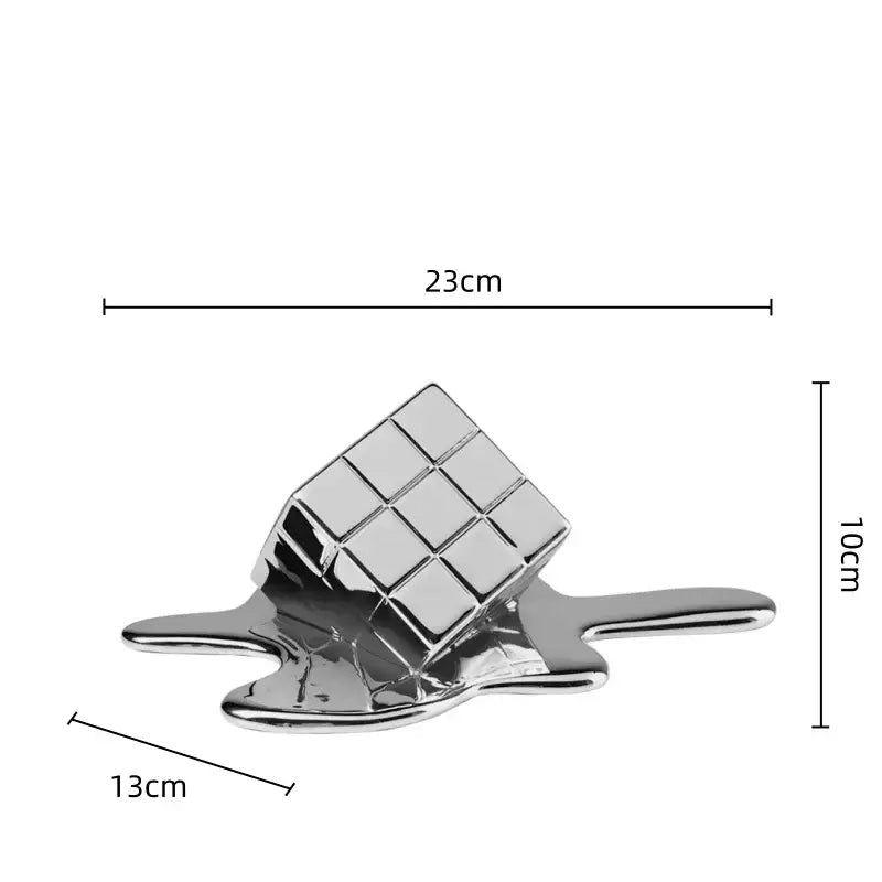 Shiny chrome-plated melting cube sculpture 23cm wide 10cm tall modern decorbites geometric gold resin cube for living room