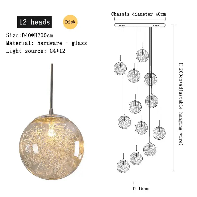 Modern mesh crystal ceiling chandelier spherical glass pendant light with warm led glow and adjustable wire decorbites crystal ceiling