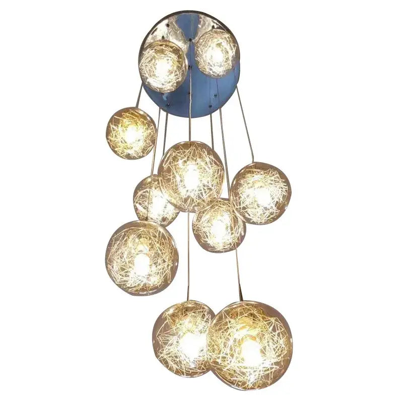 Modern mesh crystal ceiling chandelier with spherical glass shades and golden filaments by decorbites crystal ceiling