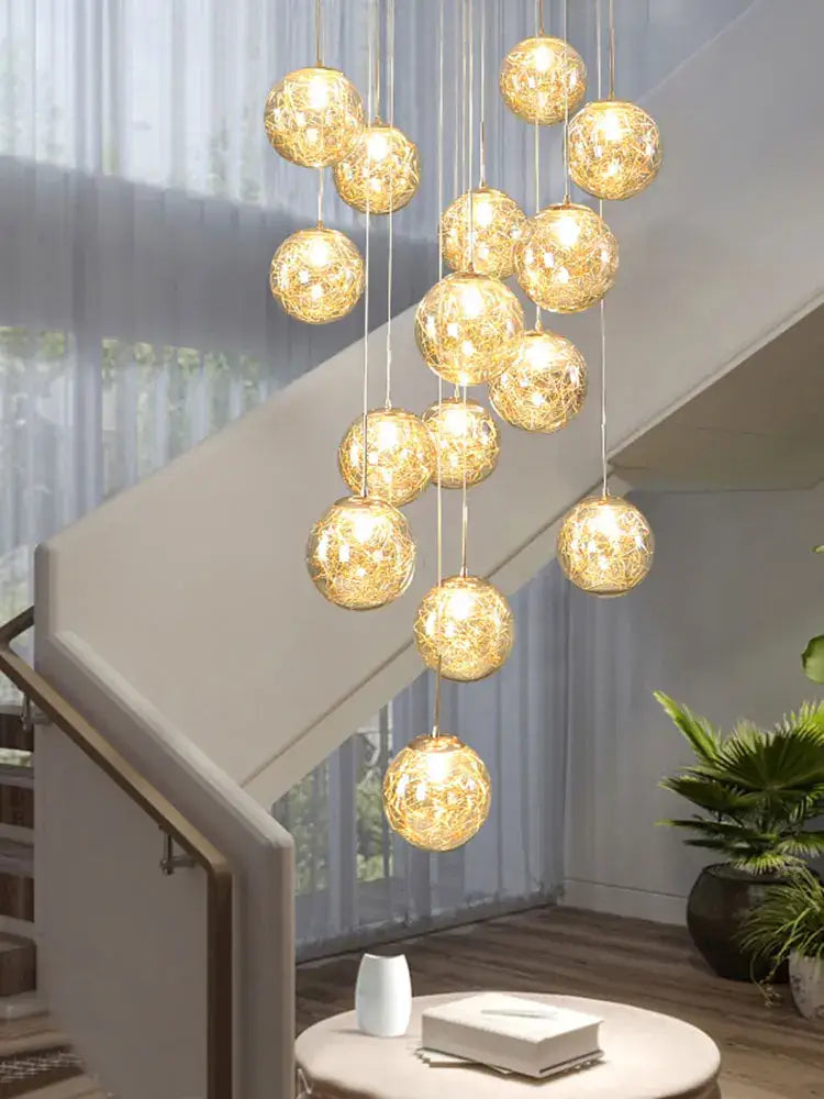 Modern mesh crystal ceiling chandelier featuring golden spherical decorbites crystal ceiling lights with woven glass design