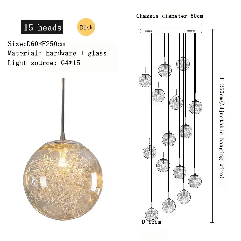 A modern spherical decorbites crystal ceiling chandelier with clear glass globe and golden wire filaments for living room decor