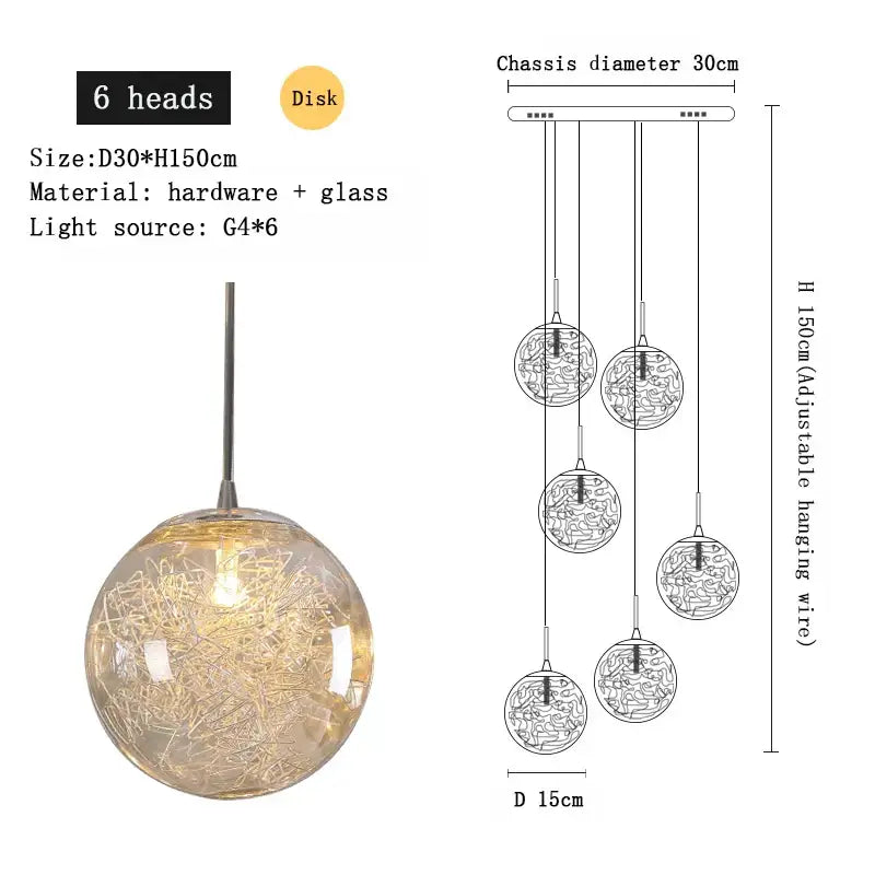 A modern decorbites crystal ceiling chandelier with six spherical glass globes and intricate internal wirework lighting