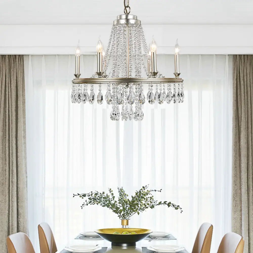 Lámpara colgante moderna de metal con forma de vela - Suspensión de níquel de 6 luces para comedor