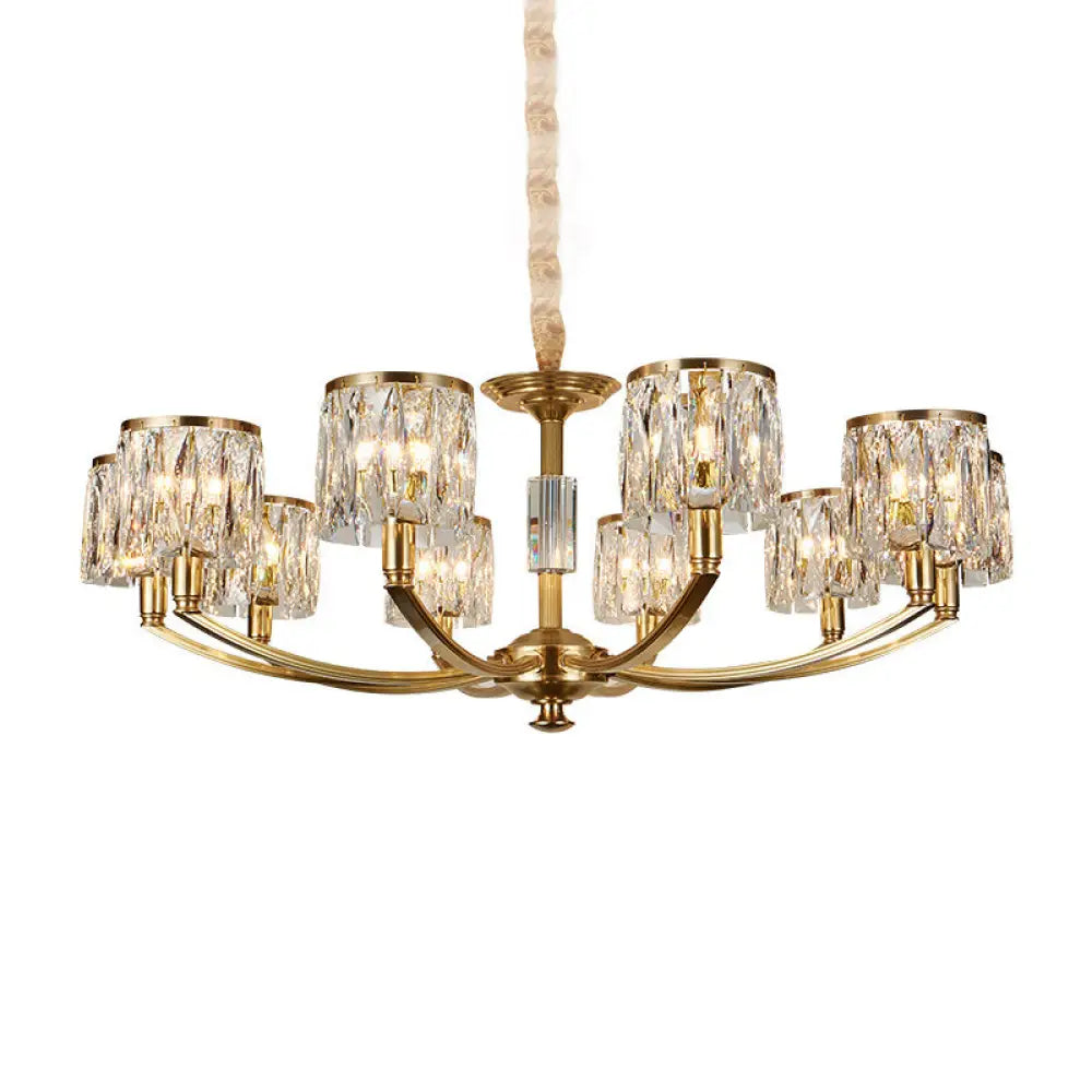 Modern Metal Chandelier with Brass Arced Arm and Prismatic Crystal Shade