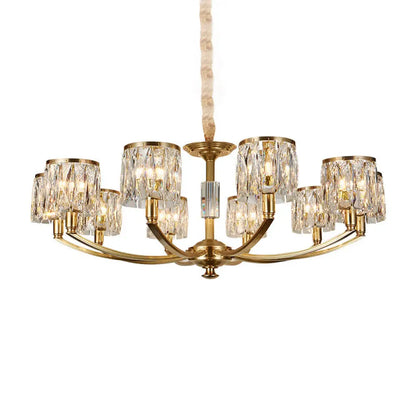 Modern Metal Chandelier with Brass Arced Arm and Prismatic Crystal Shade