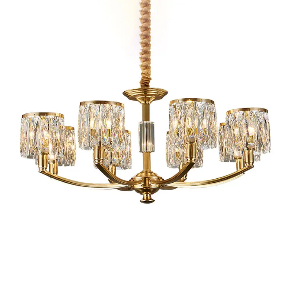 Modern Metal Chandelier with Brass Arced Arm and Prismatic Crystal Shade