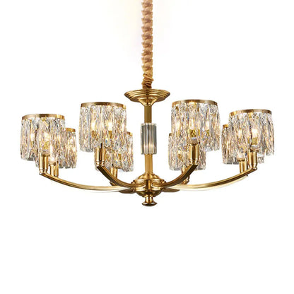 Modern Metal Chandelier with Brass Arced Arm and Prismatic Crystal Shade