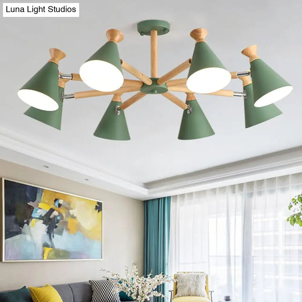 Modern Metal Cone Chandelier with 8 Bulbs - Stylish Pendant Light Fixture for Living Room, Wood Cork Accents