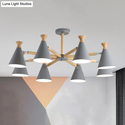 Modern Metal Cone Chandelier with 8 Bulbs - Stylish Pendant Light Fixture for Living Room, Wood Cork Accents