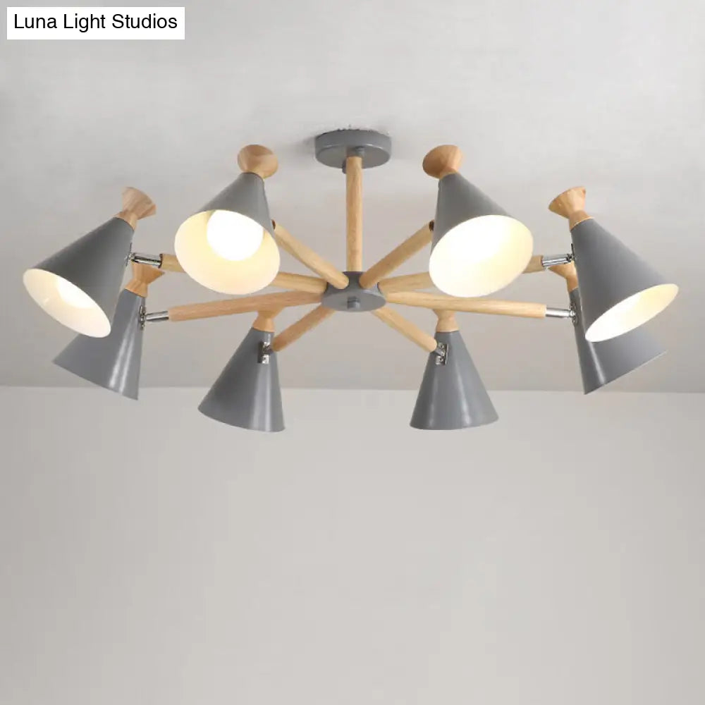 Modern Metal Cone Chandelier with 8 Bulbs - Stylish Pendant Light Fixture for Living Room, Wood Cork Accents