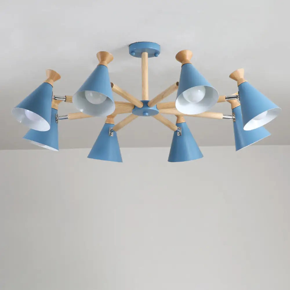 Modern Metal Cone Chandelier with 8 Bulbs - Stylish Pendant Light Fixture for Living Room, Wood Cork Accents