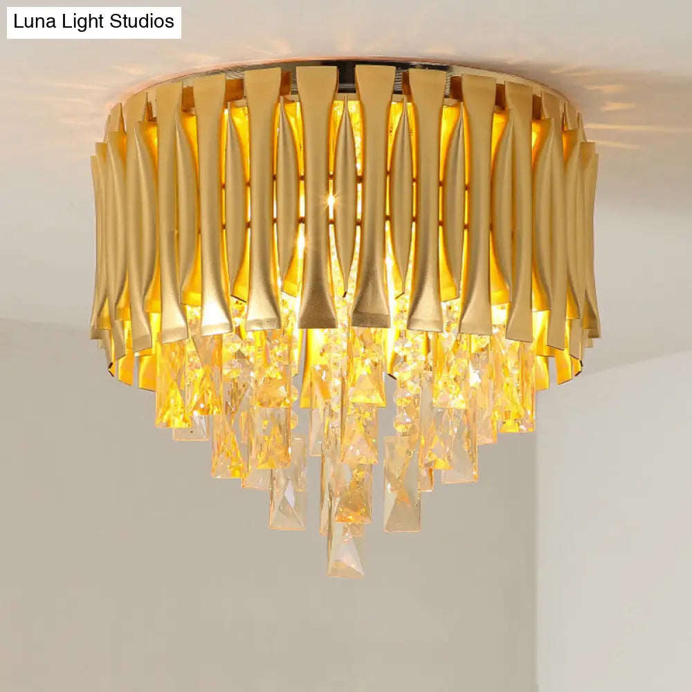 DecorBites™ DecorBites™ Modern Metal Drum Ceiling Light Fixture with Crystal Block Drop - Brass Flush Mount, 5 Lights