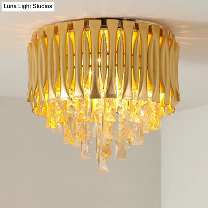 DecorBites™ DecorBites™ Modern Metal Drum Ceiling Light Fixture with Crystal Block Drop - Brass Flush Mount, 5 Lights