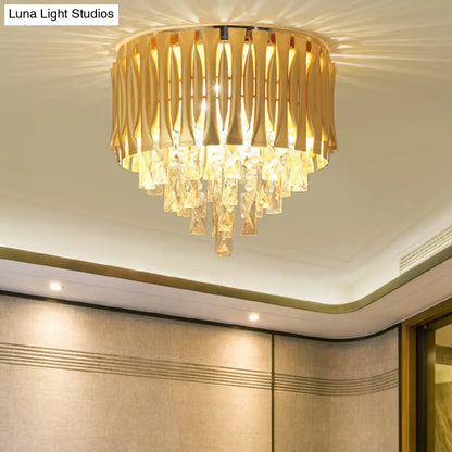 DecorBites™ DecorBites™ Modern Metal Drum Ceiling Light Fixture with Crystal Block Drop - Brass Flush Mount, 5 Lights