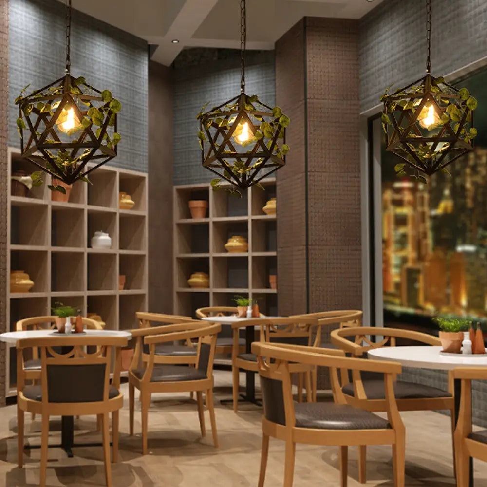 Modern Metal Geometric Pendant Light with Fake Vine, Ideal for Restaurants, Ceiling Mount, Black Finish