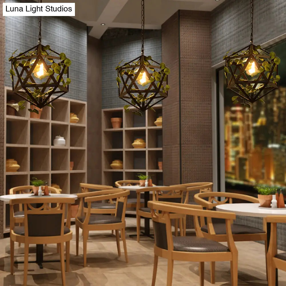 Modern Metal Geometric Pendant Light with Fake Vine, Ideal for Restaurants, Ceiling Mount, Black Finish