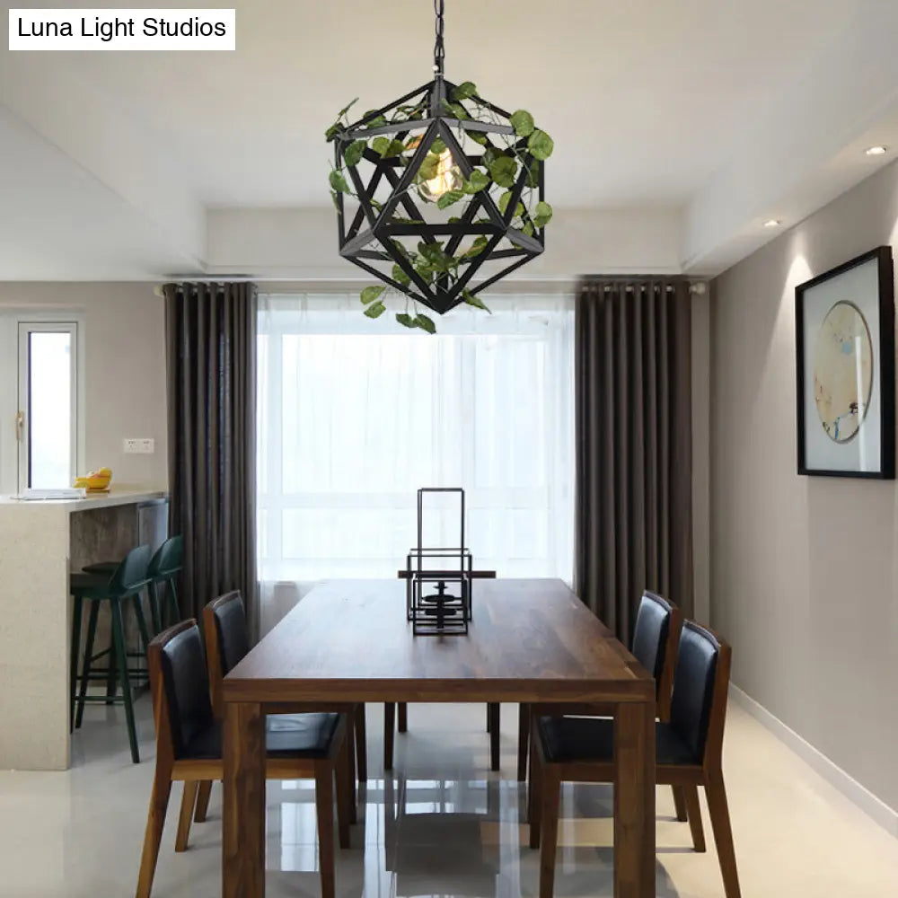 Modern Metal Geometric Pendant Light with Fake Vine, Ideal for Restaurants, Ceiling Mount, Black Finish