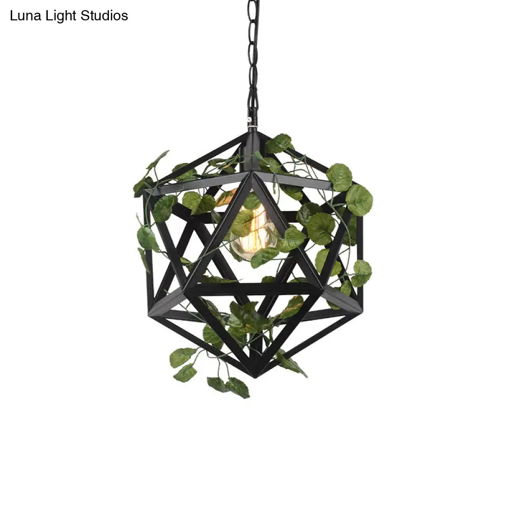 Modern Metal Geometric Pendant Light with Fake Vine, Ideal for Restaurants, Ceiling Mount, Black Finish