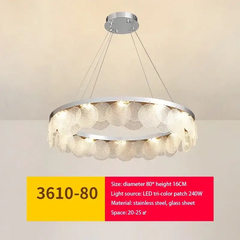 Modern metal glass chandelier led ceiling lamp with sleek stainless steel frame and textured translucent glass discs
