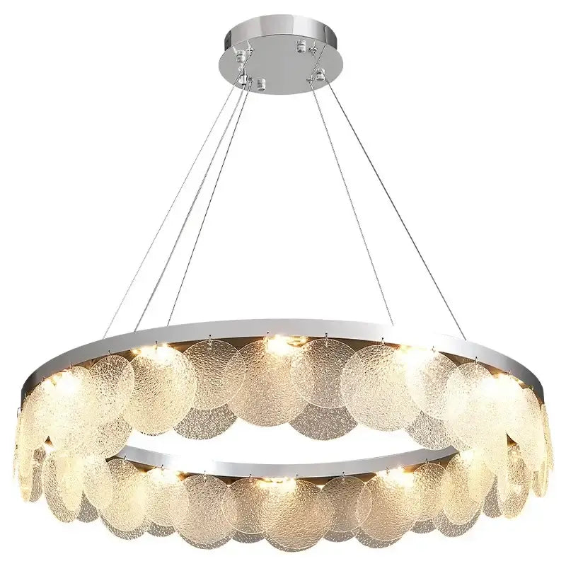 Modern metal glass chandelier led ceiling lamp with two tiers of textured amber glass discs and polished chrome frame