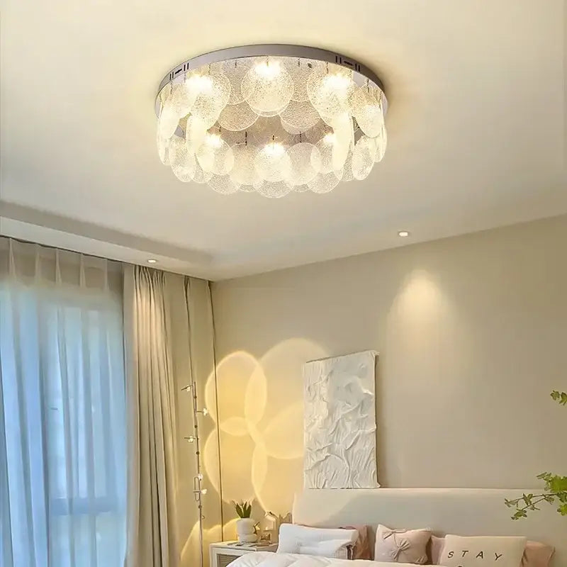 Modern metal glass chandelier led ceiling lamp with silver frame and frosted glass bubble shades for living room decor