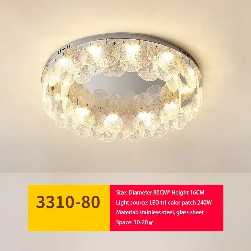Modern metal glass chandelier led ceiling lamp with translucent textured glass discs and stainless steel frame for living room