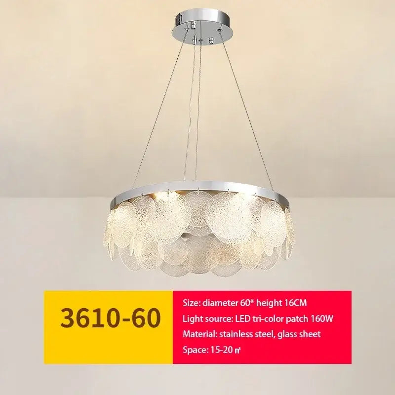 Modern metal glass chandelier led ceiling lamp with sleek chrome frame and layered translucent discs emitting warm tri-color led light