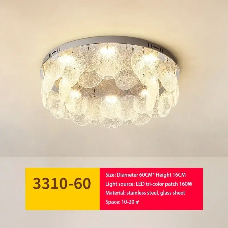 Modern metal glass chandelier led ceiling lamp with a silver stainless steel frame and cascading frosted glass discs emitting warm light