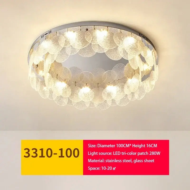 Modern metal glass chandelier led ceiling lamp with stainless steel frame and textured glass discs for living room decor