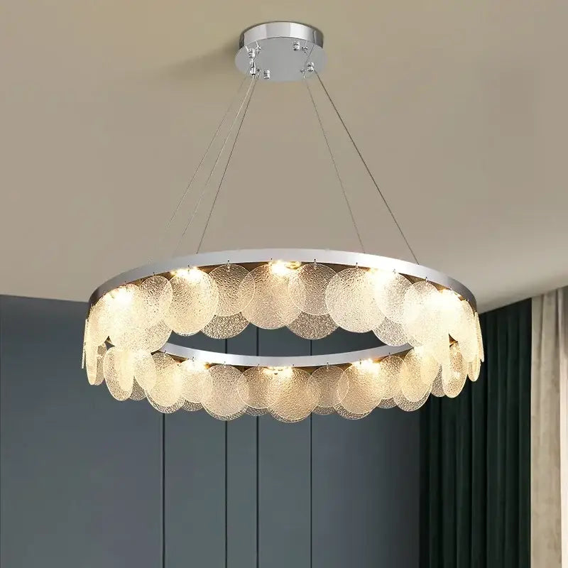 Modern metal glass chandelier led ceiling lamp with two tiers of textured glass discs and sleek chrome frame