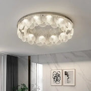 Modern metal glass chandelier led ceiling lamp with metallic frame and frosted bubble-textured discs for living room