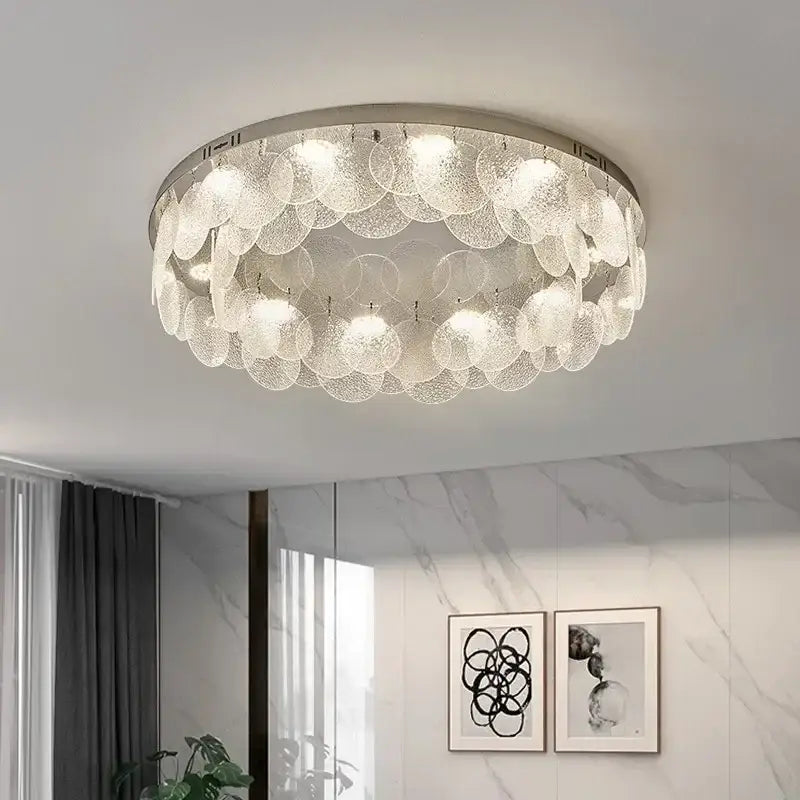 Modern metal glass chandelier led ceiling lamp with metallic frame and frosted bubble-textured discs for living room