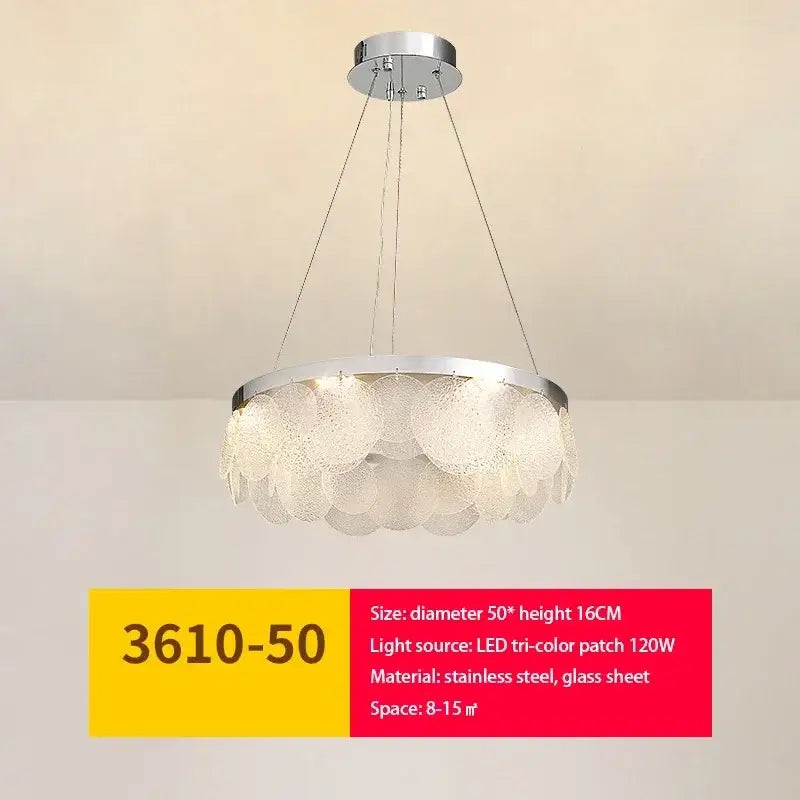 Modern metal glass chandelier led ceiling lamp with sleek stainless steel frame and tri-color led light discs for living room decor