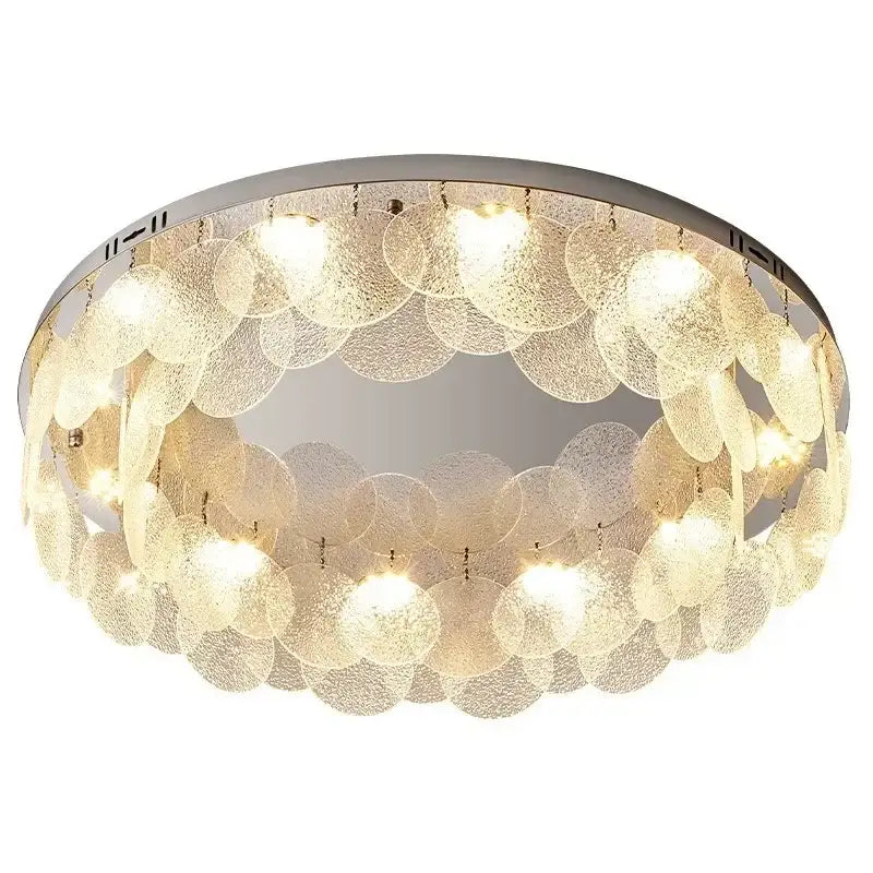 Modern metal glass chandelier led ceiling lamp with cascading translucent textured glass discs for living room decor