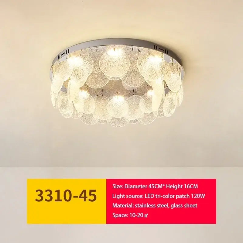 Modern metal glass chandelier led ceiling lamp featuring a circular stainless steel frame with textured glass discs