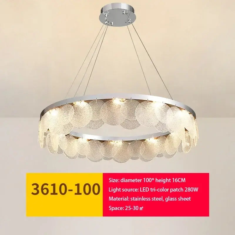 Modern metal glass chandelier led ceiling lamp with sleek stainless steel frame and warm led light for living room decor