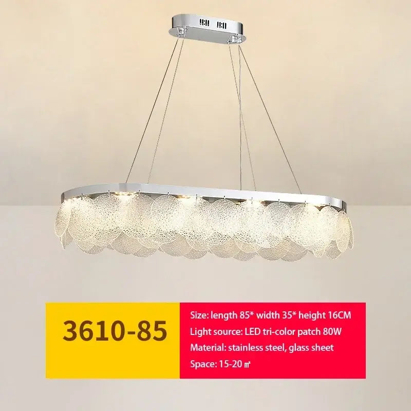 Modern oval glass chandelier led ceiling lamp with chrome frame and tri-color led light for living room decor