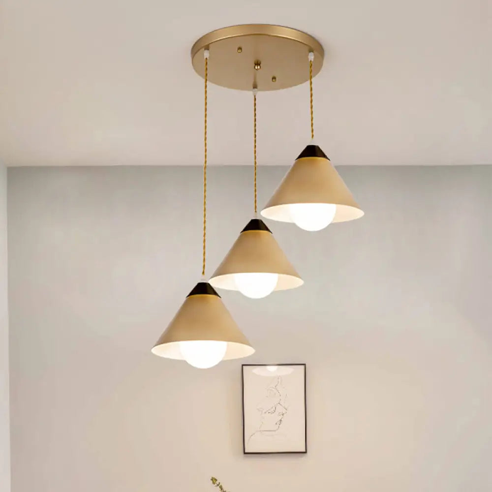 Modern Metal Hanging Pendant Lamp with 3 Conical Black and Gold Heads - Round/Linear Canopy