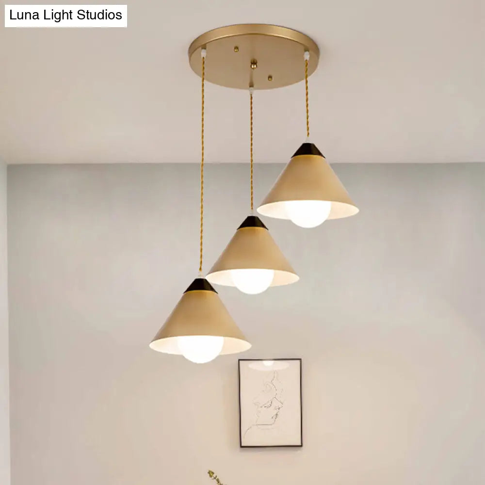 Modern Metal Hanging Pendant Lamp with 3 Conical Black and Gold Heads - Round/Linear Canopy