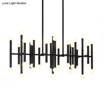 DecorBites™ modern metal island light with 42 black bamboo-inspired rods and spherical e12 e14 bulbs for up and down lighting
